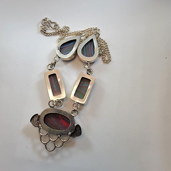 Handmade Sterling Silver Necklace Featuring Colorful Multi-Striped Polymer Stone - Picture 3 of 10